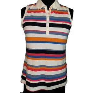 Nautica Women White Multicolor Striped Collared Golf Polo Size M‎